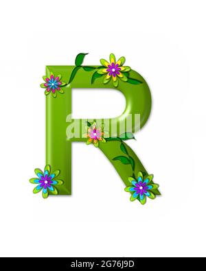 Der Buchstabe R im Alphabet-Set „Wonderland“ ist 3d und grün gefärbt. Brief ist mit 3d-Blumen und Reben verziert. Stockfoto