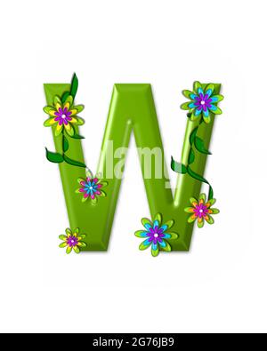 Der Buchstabe W im Alphabet-Set „Wonderland“ ist 3d und grün gefärbt. Brief ist mit 3d-Blumen und Reben verziert. Stockfoto