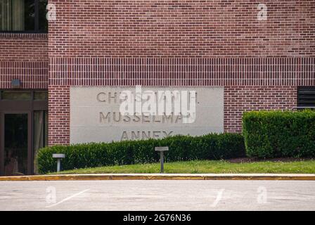 Gettysburg, PA, USA - 14. Juni 2008: Nahaufnahme des Schildes am Christian H. Musselman Gebäude aus roten Ziegeln. Stockfoto