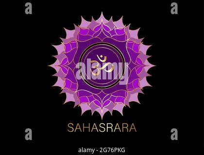 Vorlage für das siebte Chakra Sahasrara-Logo. Crown Chakra Symbol, Purple goldene sakrale Zeichen Meditation, Yoga rund Mandala Symbol. Gold-Symbol Om im Cent Stock Vektor