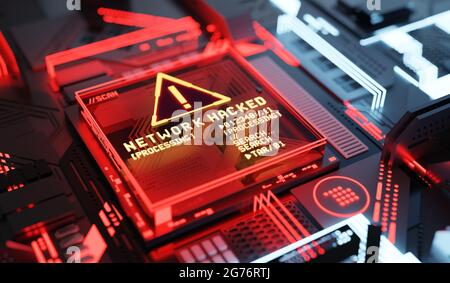 Das Firmennetzwerk wird mit einer Software gehackt. Konzept für Hardware- und Cyberkriminalität. 3D-Illustration. Stockfoto