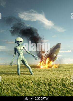 Klassische fliegende Untertasse UFO Crash-Site mit einem grünen Alien. Klassifiziertes außerirdisches Leben auf der Erde. 3D-Illustration Stockfoto