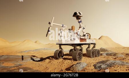 Eine Roboter-Rover-Mission zum Mars, die wissenschaftliche Experimente auf der marsoberfläche erforscht und durchführt. 3D-Illustration. Stockfoto