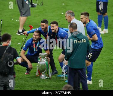 London, England, 11. Juli 2021. Bryan Cristante, Leonardo Spinazzola und Alessandro Florenzi aus Italien während des UEFA Euro 2020 Finales im Wembley Stadium, London. Bildnachweis sollte lauten: David Klein / Sportimage Kredit: Sportimage/Alamy Live News Stockfoto