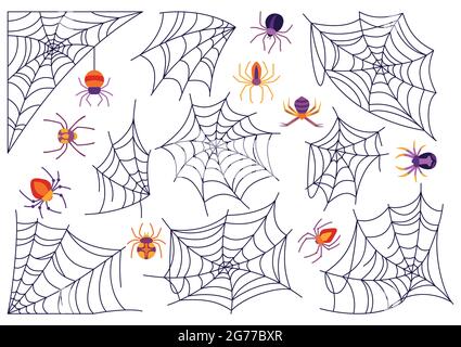 Spinnennetz und Spinne Halloween Cartoon-Set. Gruselige gruselige Spinnen Netz gefährliche Farbe flache Sammlung. Hängende Web-Dekoration für gruselige Horror-Rahmen, Design, Tattoo. Happy Halloween Zeichen Verwirrung Vektor Stock Vektor