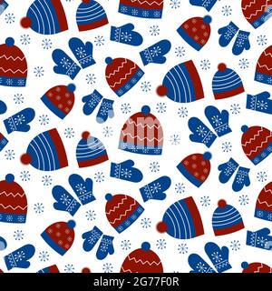 Muster mit Wintermützen und Fäustlingen. Vektordarstellung auf weißem Hintergrund isoliert. Stock Vektor