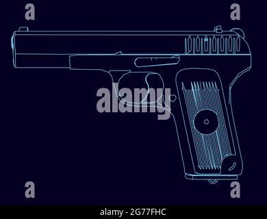 Kontur einer Pistole aus blauen Linien isoliert auf einem dunklen Hintergrund. Seitenansicht. Vektorgrafik. Stock Vektor