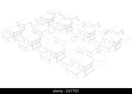 Kontur von privaten Häusern isoliert auf weißem Hintergrund. Isometrische Ansicht. Vektorgrafik. Stock Vektor