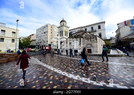 Die Kirche der Himmelfahrt der Jungfrau Maria - Panagia Pantanassa auf dem Monastiraki-Platz in Athen, Griechenland. Stockfoto