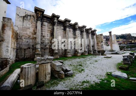 Der archäologische Park der Hadrianbibliothek in Monastiraki, Athen, Griechenland. Stockfoto