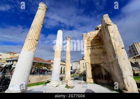 Der archäologische Park der Hadrianbibliothek in Monastiraki, Athen, Griechenland. Stockfoto