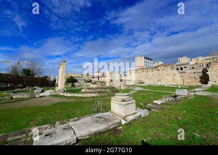 Der archäologische Park der Hadrianbibliothek in Monastiraki, Athen, Griechenland. Stockfoto