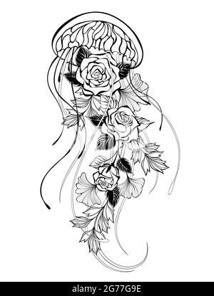 Kontur, kunstvoll gezeichnete Quallen mit Rosen und Zierpflanzen auf weißem Grund. Stock Vektor
