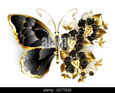 Goldblütenschmetterling mit schwarzer Schmuckorchidee, verziert mit goldenen Blättern auf weißem Hintergrund. Stock Vektor