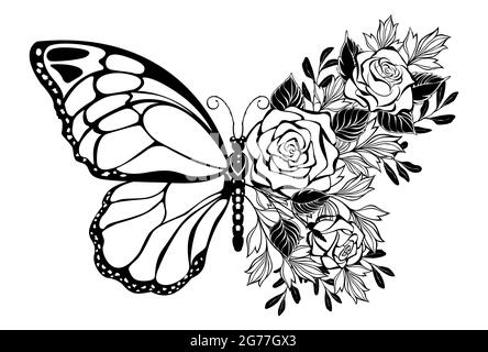 Komposition aus Konturschmetterling und Bouquet von Silhouettenrosen und Zierpflanzen auf weißem Hintergrund. Stock Vektor