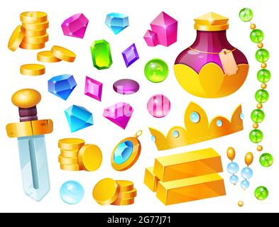 Schatz, magische Gegenstände Goldmünzen, Kristallsteine, Krone, Schwert und Goldbarren mit Tränke-Flasche, kostbare Steine und Schmuck, ui-Spielvermögen, Piratenbeute isoliert auf weißem Hintergrund, Cartoon-Vektor-Set Stock Vektor