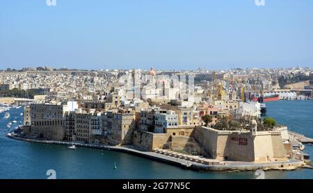Blick auf die Festung Fort St. Angelo in Birgu, Malta Stockfoto