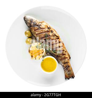 Isolierter Gourmet gegrillter Seebarsch dorada Fisch Stockfoto