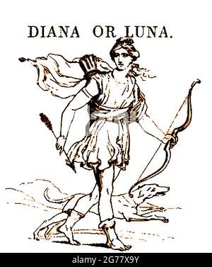 Eine Darstellung der griechischen und römischen mythologischen Figur Diana (manchmal auch die Jägergöttin genannt) aus dem Jahr 1839, die im modernen römischen Neopaganismus, in Stregheria (die alte Religion) und in Wicca immer noch verehrt wird. Zu Diana gehören Artemis, Egeria, die Wassernymphe, Hecate, Virbius und der Mond (Luna und/oder Selene). Sie ist auch mit dem Land, der Geburt, Waldgebieten, Kreuzungen (insbesondere 3-Wege-Kreuzungen), dem Weg in die Unterwelt, Stockfoto