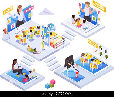 Kindergarten Kinder lernen ferngesteuert isometrisches Konzept mit Online-Klassenzimmer Aktivitäten Lehrer lesen sitzen auf Tablet Vektor Illustration Stock Vektor