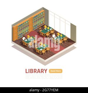 High School Bibliothek Interieur und Schüler Bücher lesen 3d isometrische Vektor Illustration Stock Vektor