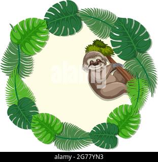 Runde grüne Monstera Blätter Bannervorlage mit einem Faultier Cartoon Zeichenabbildung Stock Vektor