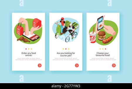 Isometrische Lieferung Lebensmittel vertikale Banner mit Seitenschalter Tasten Text Kurier Zeichen und Waren Bilder Vektorgrafik gesetzt Stock Vektor