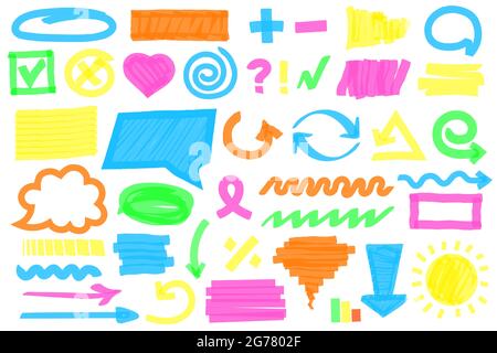 Markierungsstriche für Textmarker. Bunte Markierungsstifte kritzeln. Farb-Textmarker Stift Kritzeleien, Rahmen, Linien, Häkchen Vektor-Set. Verschiedene handgezeichnete Formen wie Herz, Wolke und Pfeile Stock Vektor