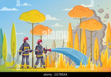 Feuerwehrleute Cartoon Komposition mit Outdoor-Landschaft und brennende Waldbäume mit Feuerwehrmännern Bekämpfung von Feuer mit Wasser-Vektor-Illustration Stock Vektor