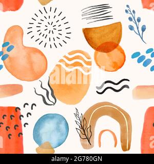 Abstraktes Aquarell-Nahtloses Muster. Handbemalte Aquarellformen, botanische Elemente. Moderne geometrische Tapete Textur Vektor Hintergrund. Moderne Kunstwerke mit Linien und Figuren Stock Vektor