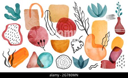 Aquarellformen. Handbemalte Aquarellkreise, Blobs, Blätter. Skandinavische abstrakte organische und geometrische Hintergrundelemente Vektorset. Moderne, minimalistische, farbenfrohe Kunst Stock Vektor