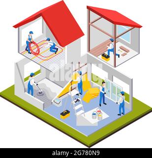 Renovierung Reparaturarbeiten isometrische Zusammensetzung mit Blick auf Hausräume unter schweren Wartung mit menschlichen Zeichen Vektor-Illustration Stock Vektor