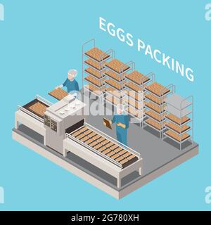 Eier Verpackung isometrischen Hintergrund mit zwei Personen in Uniform arbeiten auf Förderband Vektor Illustration Stock Vektor