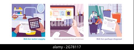 Utility Services flacher Satz von quadratischen Kompositionen mit menschlichen Händen halten Zahlungsverpflichtungen und Kreditkarten Vektor Illustration Stock Vektor