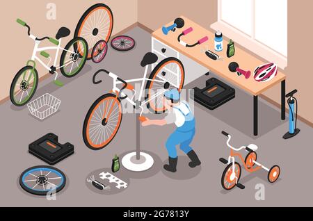 Fahrrad Reparaturen Garage mit Mann Befestigung Fahrrad Tretle 3d isometrische Vektor-Illustration Stock Vektor
