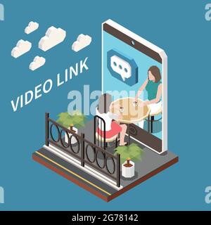 Video Link isometrische Zusammensetzung mit zwei Mädchen trinken Kaffee und kommunizieren auf dem Smartphone im Online-Modus Vektor-Illustration Stock Vektor