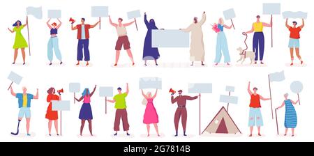 Friedliche Demonstranten. Menschen mit Spruchbändern, Plakaten, Schildern. Aktivist oder Protestler mit Schild. Demonstration, politische Treffen Vektor gesetzt. Mann und Frau mit Lautsprechern oder Megaphonen Stock Vektor