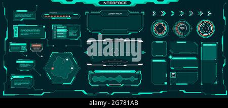 Futuristische ui-Elemente. Sci-Fi-Digitalbilder, Pfeile, Beschriftungen, optische Ziele. Abstrakter Cyberpunk virtueller hud-Interface-Vektor-Satz. Dashboard-Anzeige mit Menüfenster für das Spiel Stock Vektor