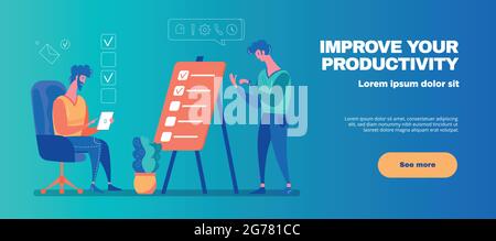 Steigerung der Produktivität durch effektives Zeitmanagement horizontaler Gradienten-Hintergrund-Webbanner mit Vektordarstellung „Markieren abgeschlossener Aufgaben“ Stock Vektor