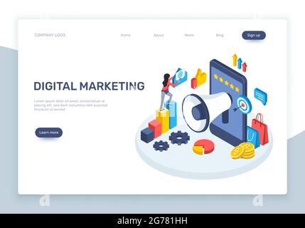 Isometrisches digitales Marketing. Social-Media-Werbekonzept mit Lautsprecher, Smartphone, Graphen. Online-Marketing-Strategien Vektor Landing Page. Content-Strategie und Management-Website Stock Vektor