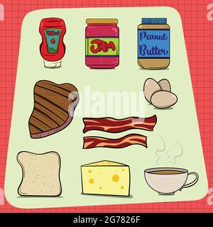 In jedem Haus gibt es eine große Auswahl an gewöhnlichen Lebensmitteln. Ketchup Jam Erdnussbutter Steak Eier Speck Brot Käse Kaffee. Roter Hintergrund mit Karomuster. Stock Vektor