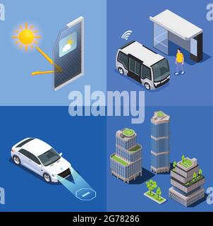 Smart City Technologies isometrisches Designkonzept mit Bildern von Fernbuswagen und Gebäuden mit Hubschrauberlandeplatz-Vektordarstellung Stock Vektor