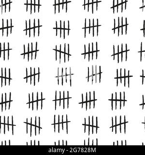 Tally markiert ein nahtloses Muster. Von Hand gezeichnete Linien oder Stäbe, sortiert nach vier und durchgestrichen. Einfache mathematische Zählvisualisierung, Gefängnis oder Gefängnismauer Stock Vektor