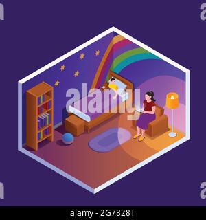 Lesen isometrische Komposition mit Blick auf Kinderzimmer mit Mutter Buch zu ihrem Kind Vector Illustration lesen Stock Vektor