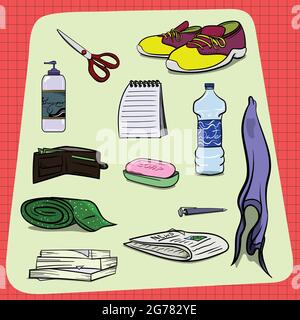 Großer Satz von zufälligen alltäglichen Haushaltsgegenständen. Schuhe Schere Shampoo Notizbuch Wasserflasche Schürze Seife Brieftasche Mat Stapel Papier Zeitung Stift. Rot Stock Vektor