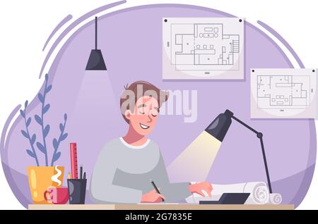 Architekt Zeichentrickfigur arbeitet am Schreibtisch Schaffung neuer Bau Projekte technische Zeichnungen Hintergrund Komposition Vektor Illustration Stock Vektor