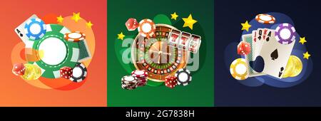 Realistisches Casino Design-Konzept mit quadratischen Kompositionen von Glücksspiel-Chips-Karten und Roulette mit goldenen Sternen Vektor-Illustration Stock Vektor