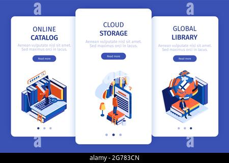 Online-Bibliothek 3 vertikale mobile Bildschirm-Banner mit Katalog Cloud-Speicher globalen Zugriff isometrische Vektor-Illustration gesetzt Stock Vektor