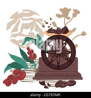 Café-Karte oder Bannervorlage mit Kaffeemühle und Bohnen, flache Vektorgrafik isoliert. Stock Vektor