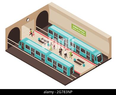 Isometrische Metro U-Bahn-Komposition mit Blick auf U-Bahn-Station mit Tunneln Bahnsteigezüge und Personen Zeichen Vektor-Illustration Stock Vektor